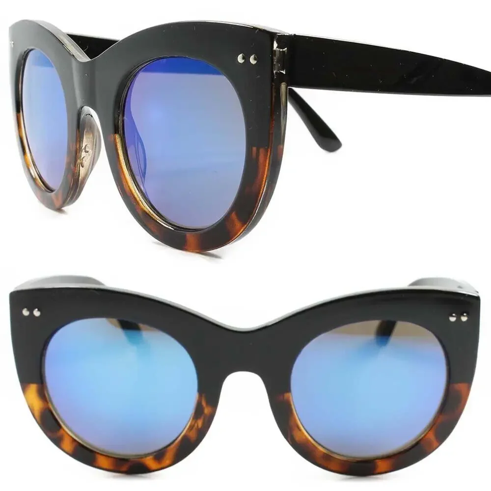 Womens Oversized Round Sunglasses Black Tortoise Blue Mirrored Lens